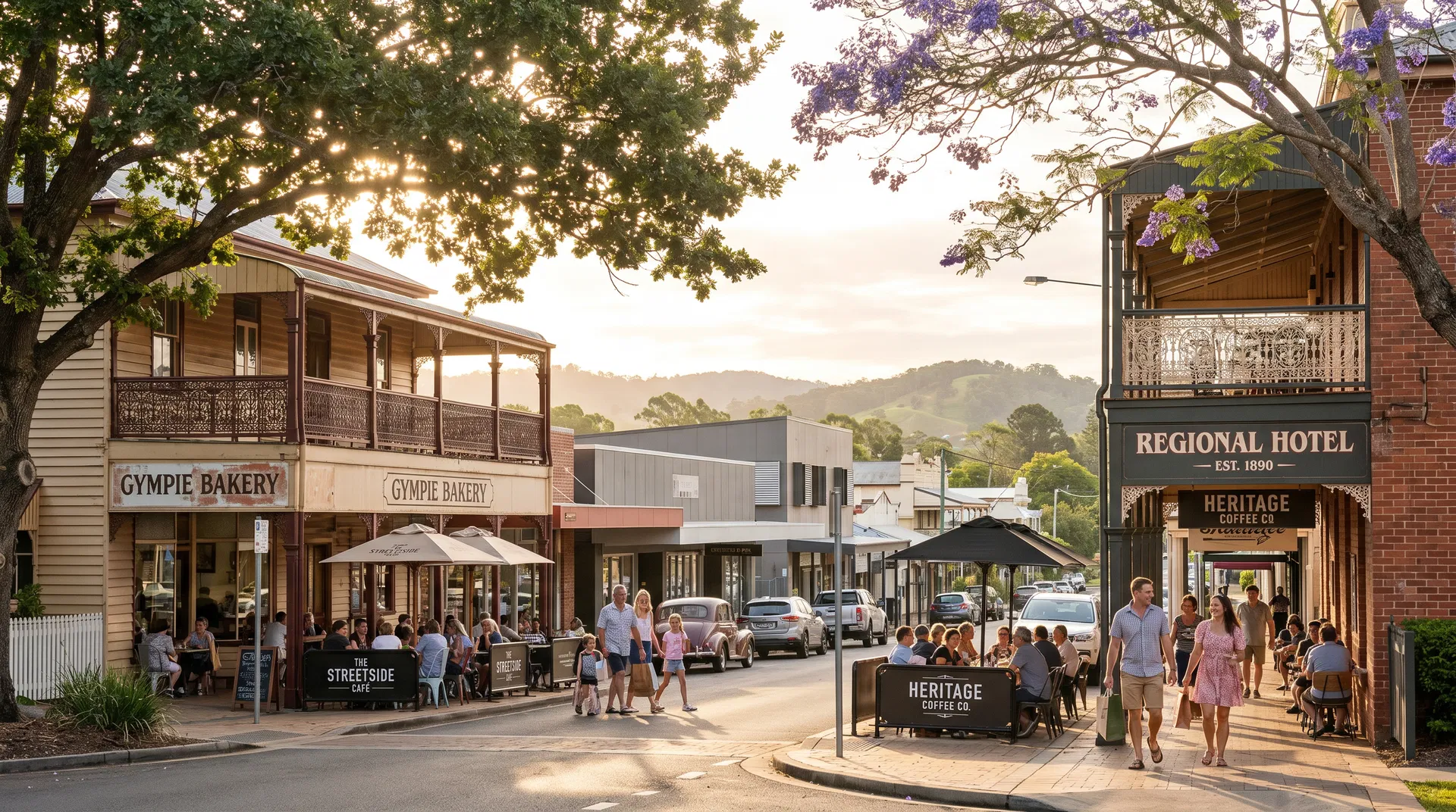 Gympie town main street with heritage buildings and cafes