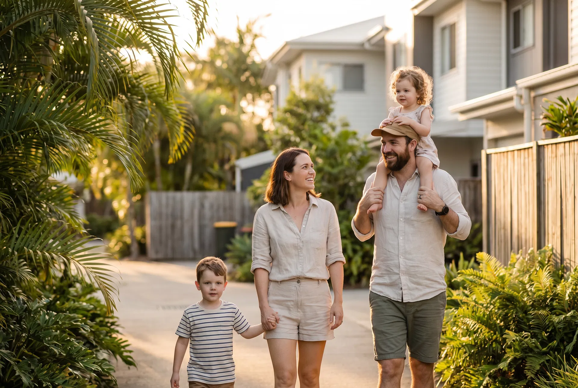 Young Australian family in a leafy Queensland neighbourhood
